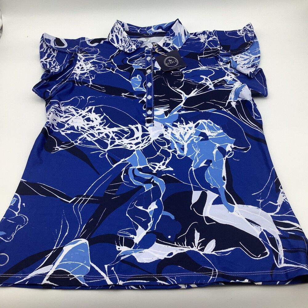 The Bubble Womens Short Sleeve Flutter Polo Golf Tennis Top Blue Size Medium NWT